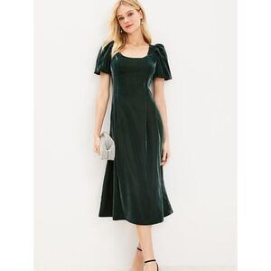 Loft emerald green velvet puff sleeve cocktail midi dress